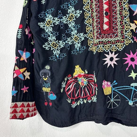 Johnny Was Biya Mishti Cotton Blouse Sz L Boho Embroidered Kitschy - Picture 10 of 16